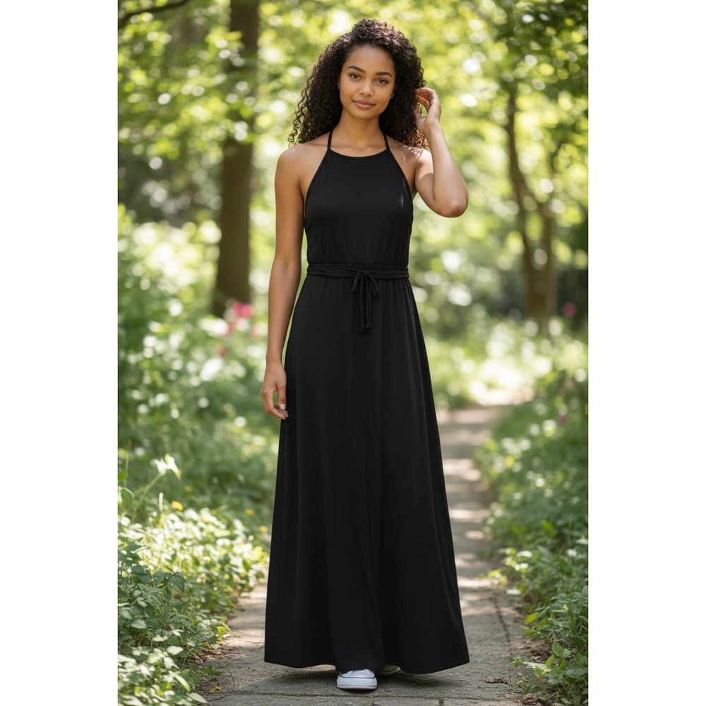 GO Couture Maxi Dress Womens S Black Excellent Racerback Tie Waist Scoop Neck